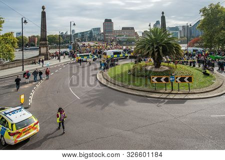 London, Uk - October 7, 2019: Extinction Rebellion - Lambeth Bridge Is Blocked, Aerial View