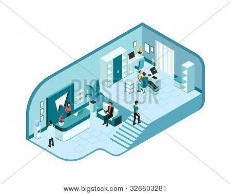 Isometric Interior Of Modern Dentist S Clinic With Doctors And Patients.