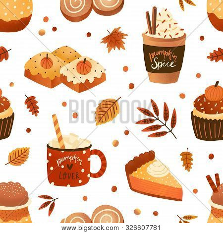 Autumn Pastry And Drinks Flat Seamless Pattern. Pumpkin Spice Latte And Cupcakes Vector Texture. Cap