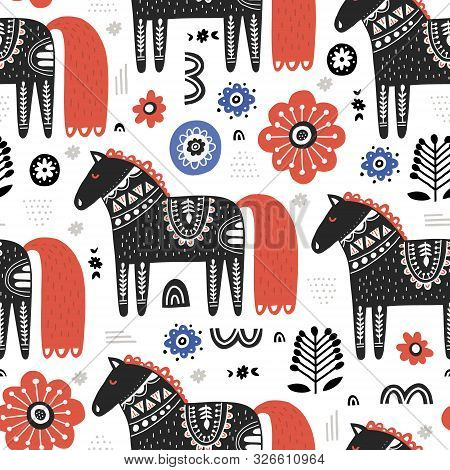 Horses In Nordic Style Handdrawn Seamless Pattern. Cute Cartoon Animals On White Background. Equines