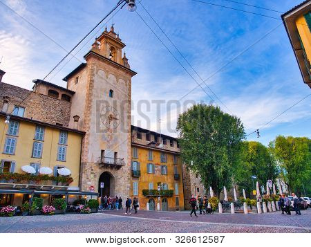 Bergamo, Lombardy, Italy - October 5 2019 View From Below Of Palazzo Roncalli Of Bergamo Citta Alta 
