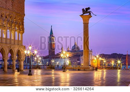 Doge Palace And Column Of San Marco On Piazzeta San Marco At Sunrise In Venice, Italy. San Giorgio D