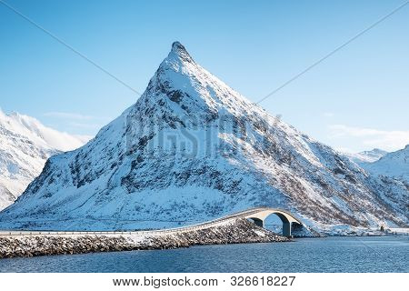 Fredvang Bridge, Lofoten Islands, Norway. Mountains And Road. Landscape In The Winter Time. Bridge A
