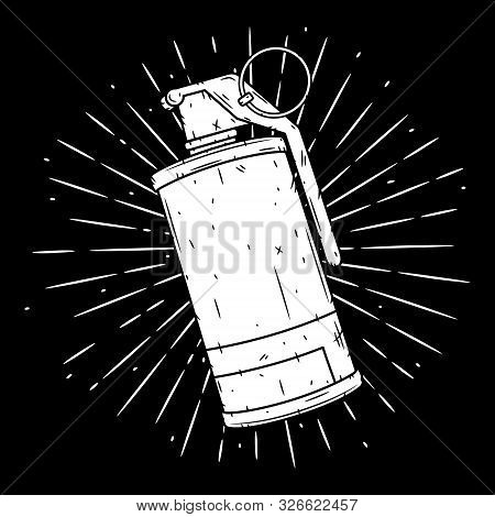 Smoke Grenade. Hand Drawn Vector Illustration With A Grenade And Divergent Rays. Used For Poster, Ba
