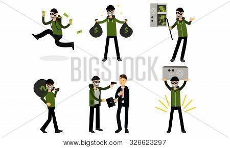 Burglar Breaking Safe With Crowbar. Vector Illustration Set Of Cartoon Thief Character Isolated On W