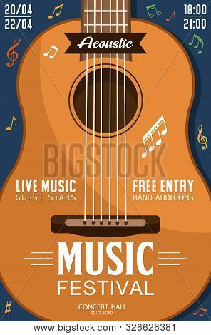 Music Festival Invitation, Closeup Of Acoustic Guitar, Live Music Concert. Vector Stringed Instrumen