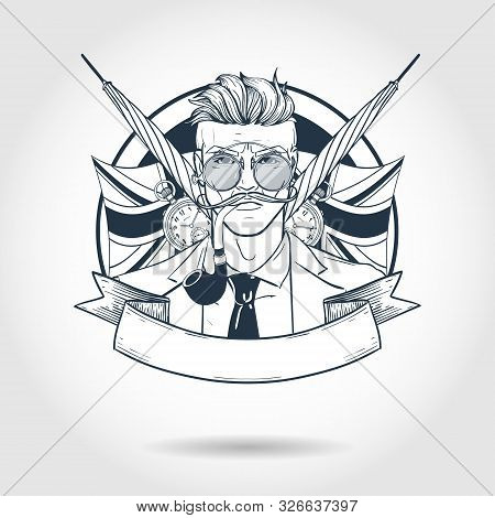 Hand Drawn Sketch, British Man With Glasses And Smoking Pipe. Poster, Flyer Design