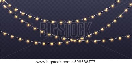 Christmas Garland Isolated On Transparent Background. Glowing Yelllow Light Bulbs.