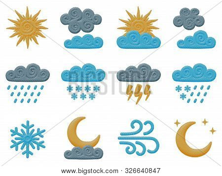 Comic Vector Illustration Of Cloudy Sky Weather Set Of Sun, Moon, Rain, Curly Clouds, Lightning, Sno