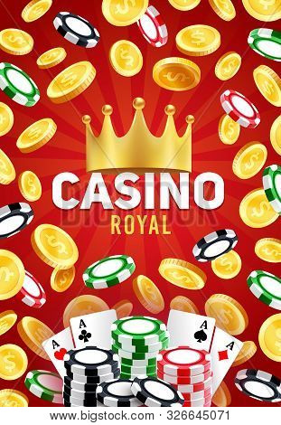 Royal Casino, Vector Gambling Games, Poker Playing Cards And Blackjack Chips, Golden Crown And Golde