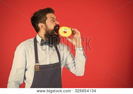 Chef Man In Cafe. Food Calorie. Bearded Man In Apron. Diet And Healthy Food. Baker Hold Donut. Funny