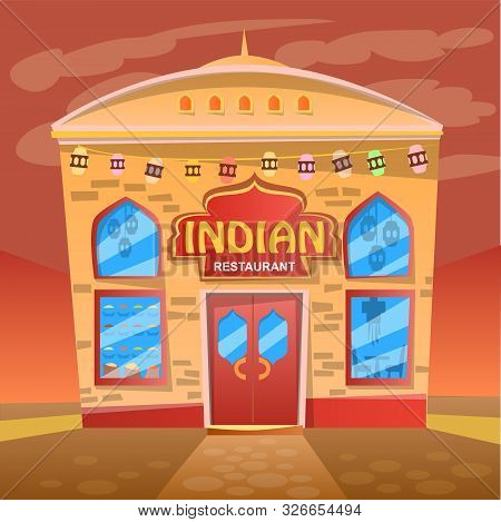 Detailed Flat Design Of Indian Restaurant Facade. Bright Cartoon House In Street Environment. Snackb