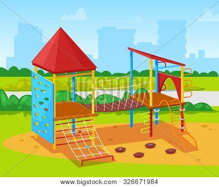 Leisure And Activity For Kids, And For Children In City Park. Cityscape With Skyscrapers And Igh Bui