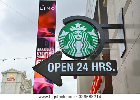 Las Vegas, Usa - March 21, 2018 : Starbucks Coffee Shop Logo On The Linq Street In Las Vegas. Starbu