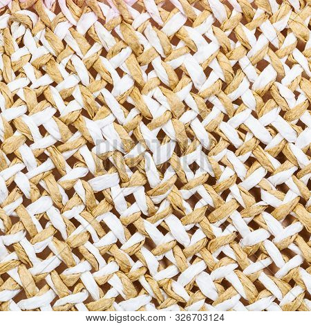 Textile Square Background - Texture Of Summer Straw Hat From Interwoven Toyo Fibers Close Up