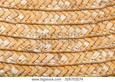 Textile Square Background - Detail Of Stitched Summer Straw Hat From Raffia Fibers Close Up
