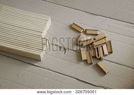 Furniture Assembly Parts And Tools For Self Assembly Furniture, On The Floor.
