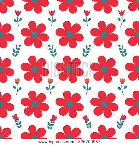Red Daisy White Background Seamless Repeat Pattern