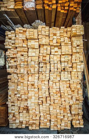 Wooden Planks. Beams. Air-drying Timber Stack. Wood Air Drying (seasoning Lumber Or Wood Seasoning).