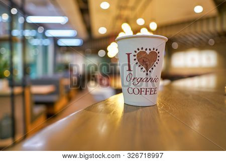 HONG KONG, CHINA - CIRCA JANUARY, 2019: close up shot of a paper cup on a table at Pret a Manger. Pret a Manger is an international sandwich shop chain based in the United Kingdom.