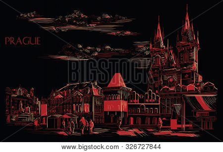 Vector Hand Drawing Illustration. Cityscape Of Old Town Square And Tyn Church. 
Landmark Of Prague, 