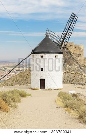 Vertical View Of An Old Windmill On The Calderico Hill Of The Spanish Municipality Of Consuegra On A