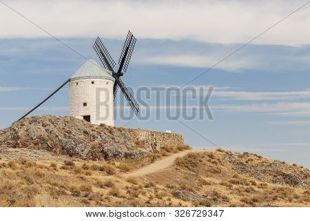 Horizontal View Of An Old Windmill On The Calderico Hill Of The Spanish Municipality Of Consuegra On