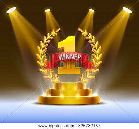 Stage Podium With Lighting, Stage Podium Scene With For Award Ceremony On Night Background.