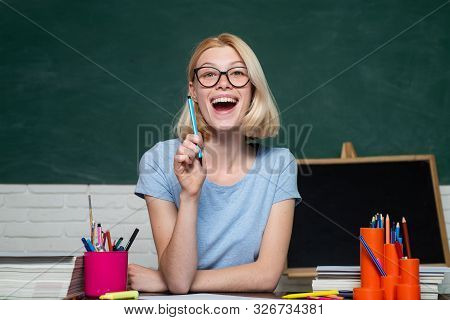 Portrait Of A Female Student In University. Student And Tutoring Education Concept. Funny Female You