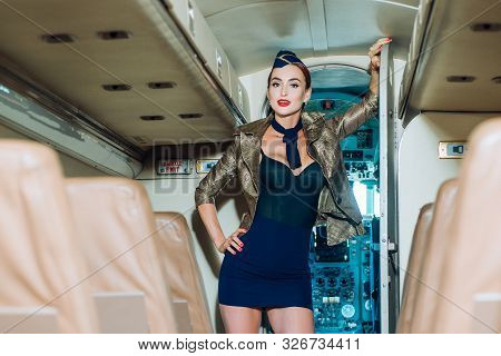 Traveling And Jet Plane Flying. Flight Attendant Uniform. Stewardess And Travel Time. Attendant And 