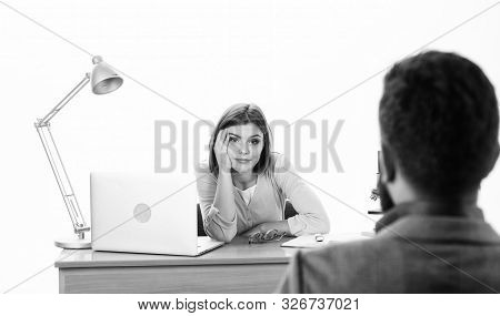 Interview Goes Well. Pretty Boss Making Decision About Job Applicant. Man Applying For Job. Hr Manag