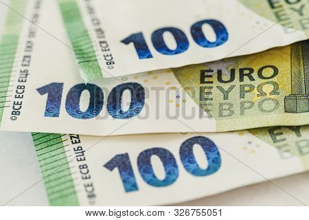 Three Hundredth Euro Banknotes Macro Closeup. Money Or Business Concept. Abstract Conceptual Image