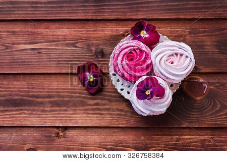 Colorful Zephyr On Wooden Background.set Of Homemade White And Pink Zephyr Or Marshmallow On Wooden 