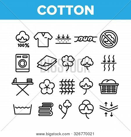 Cotton Fabric Collection Elements Icons Set Vector Thin Line. Textile Cotton Material Clothes, Washi