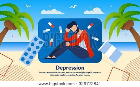 Men Depression Treatment With Medicines, Pharmacy Industry Product Trendy Flat Vector Vector Banner,