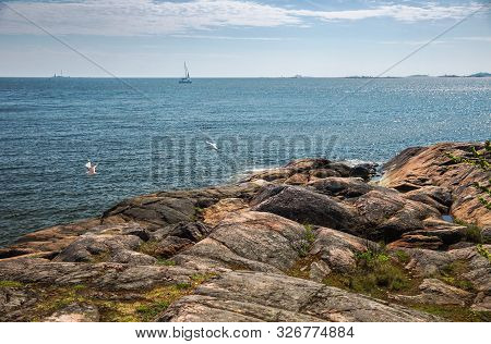 Beautiful Finnish Landscape, Rocky Shores Of The Gulf Of Finland On A Sunny Spring Day, Suomenlinna,