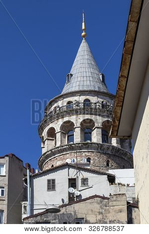 Istanbul, Turkey - July 26, 2019: Galata Tower At The Center Of City Of Istanbul, Turkey