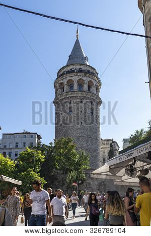 Istanbul, Turkey - July 26, 2019: Galata Tower At The Center Of City Of Istanbul, Turkey