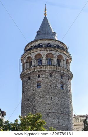 Istanbul, Turkey - July 26, 2019: Galata Tower At The Center Of City Of Istanbul, Turkey