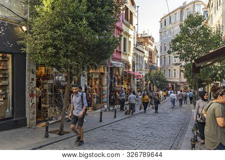 Istanbul, Turkey - July 26, 2019: Walking People At The Pedestrian Street Near Taksim Square At The 
