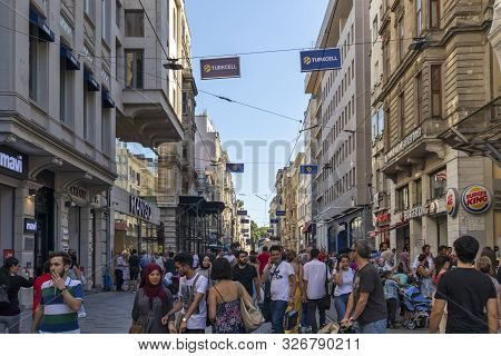 Istanbul, Turkey - July 26, 2019: Walking People At The Pedestrian Street Near Taksim Square At The 