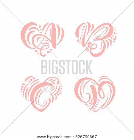 Heart Love Vector Hand Drawn Calligraphic Scandinavian Floral A, B, C, D Logo. Uppercase Hand Letter