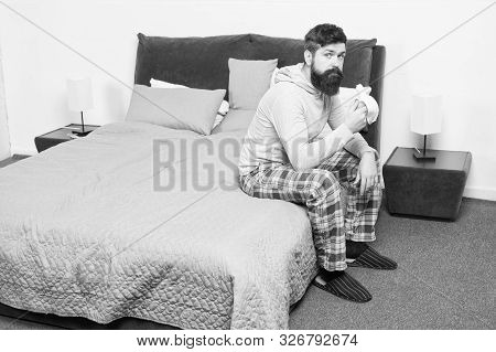 Man Bearded Hipster Sleepy Face Pajamas Waking Up Bedroom Interior. Daily Schedule For Healthy Lifes
