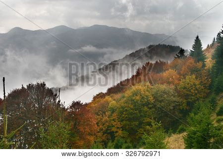 Smoggy And Colorful Landscape Autumn In Mountain