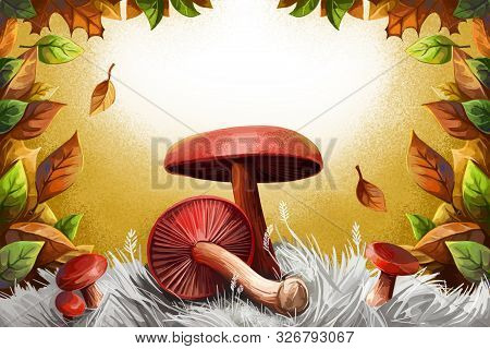 Inedible Fungi Cover Design With Poison Fungus Mushrooms And Autumn Leaves. Fall Season Digital Art 