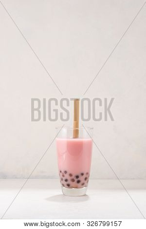 Strawberry Flavor Boba Tea / Buble Tea Isolated On White Background