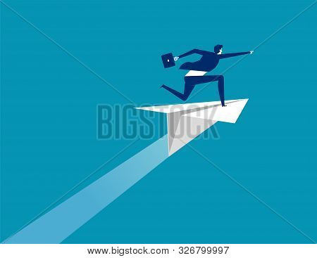 Businessman Ride Paper Plane And Pointing To Target. Concept Business Vector Illustration, Flat Busi