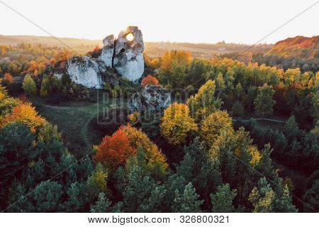 A Panoramic View Of The Unique Okiennik Rock In Poland With A Large Natural Window