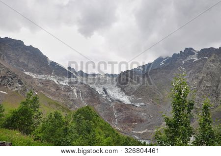 View Of The Skazka Glacier, Which Is Located In The Tsey Gorge In The North Caucasus.north Ossetia A