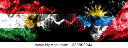 Kurdistan Vs Antigua And Barbuda Smoke Flags Placed Side By Side. Thick Colored Silky Smoke Flags Of